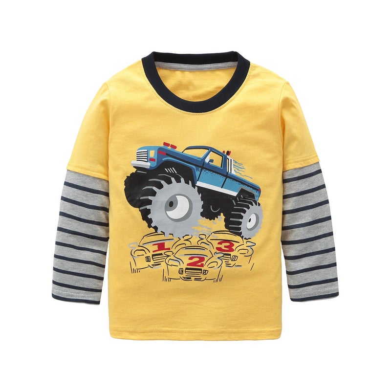 HowJoJo Boys Long Sleeve Cotton T-Shirts Monster Truck Shirt Graphic Tees Blue fire truck/Yellow 5T - Image 1